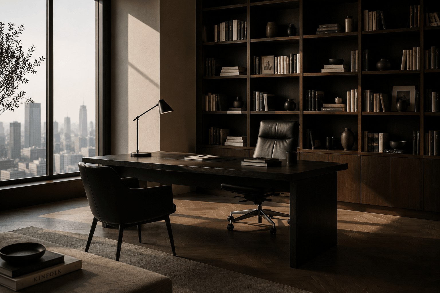 A dark study room with bookshelves