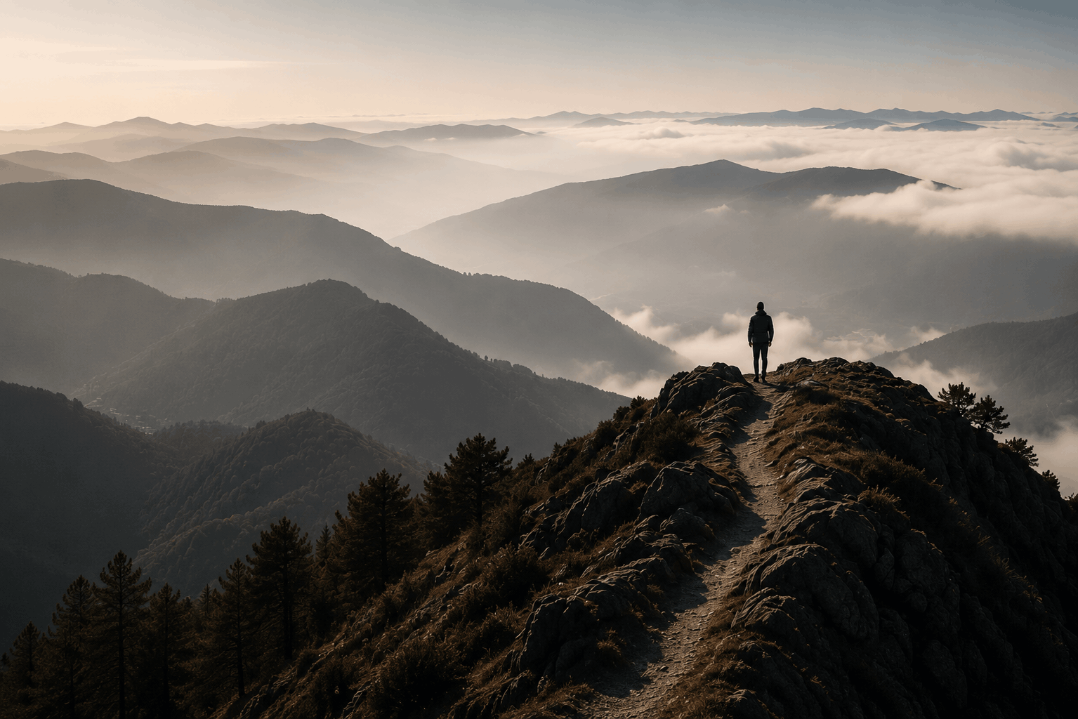 A lone figure on a mountain ridge above the clouds
