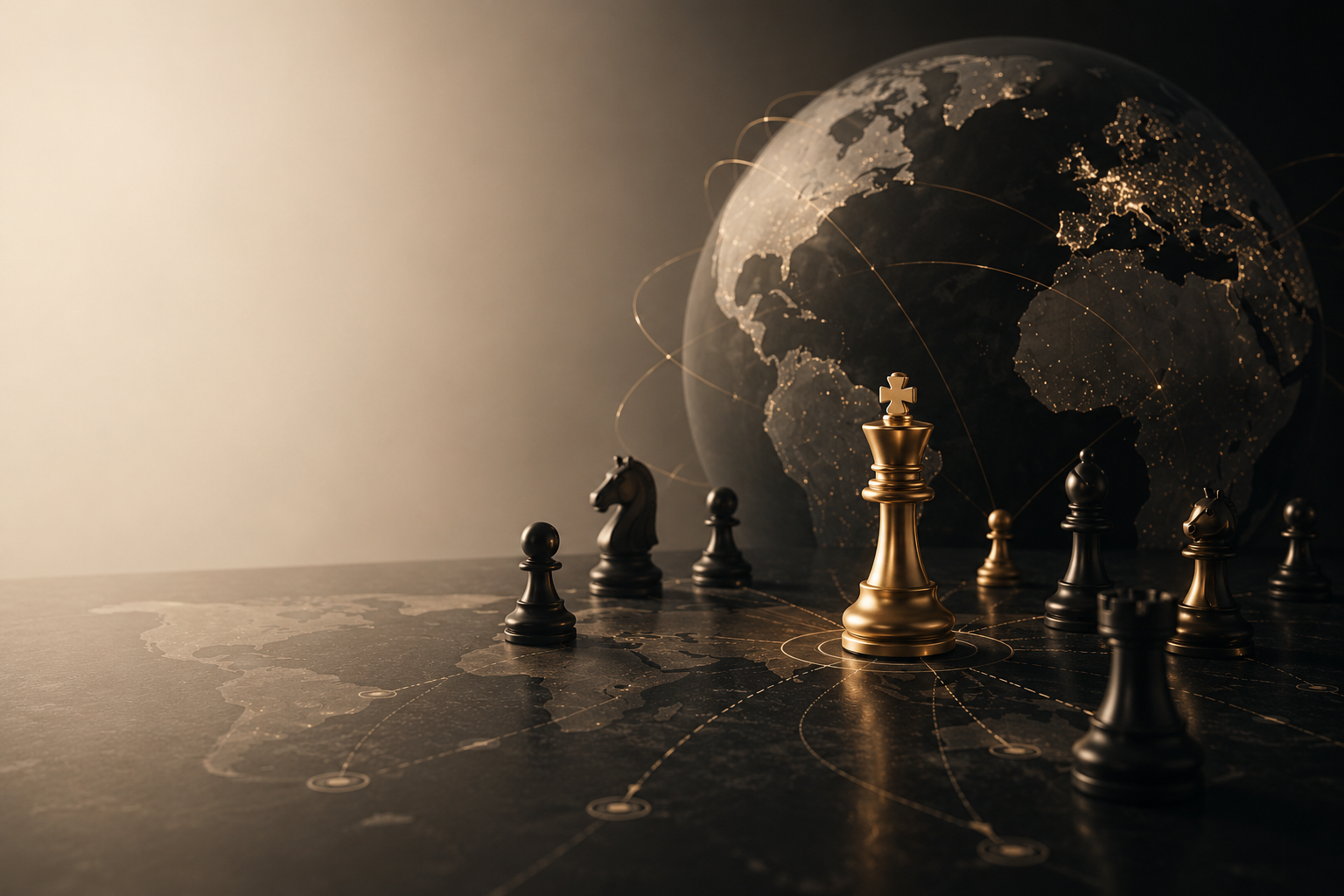 A gold king chess piece standing at the center of a world map with a glowing globe behind it, surrounded by dark chess pieces, representing decisions with global reach